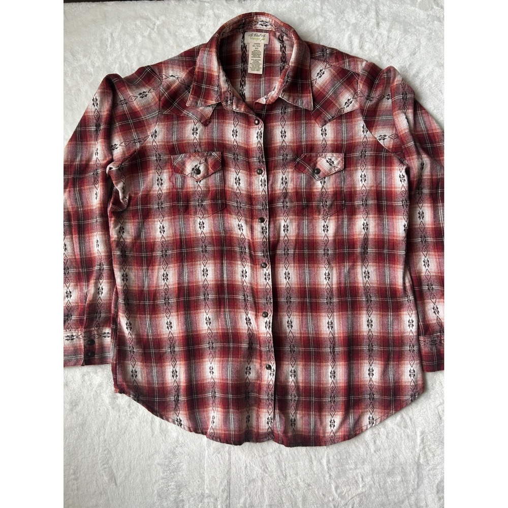 Wrangler Western Shirt Womens XL Red Plaid Diamond Print Pearl Snap Long Sleeve